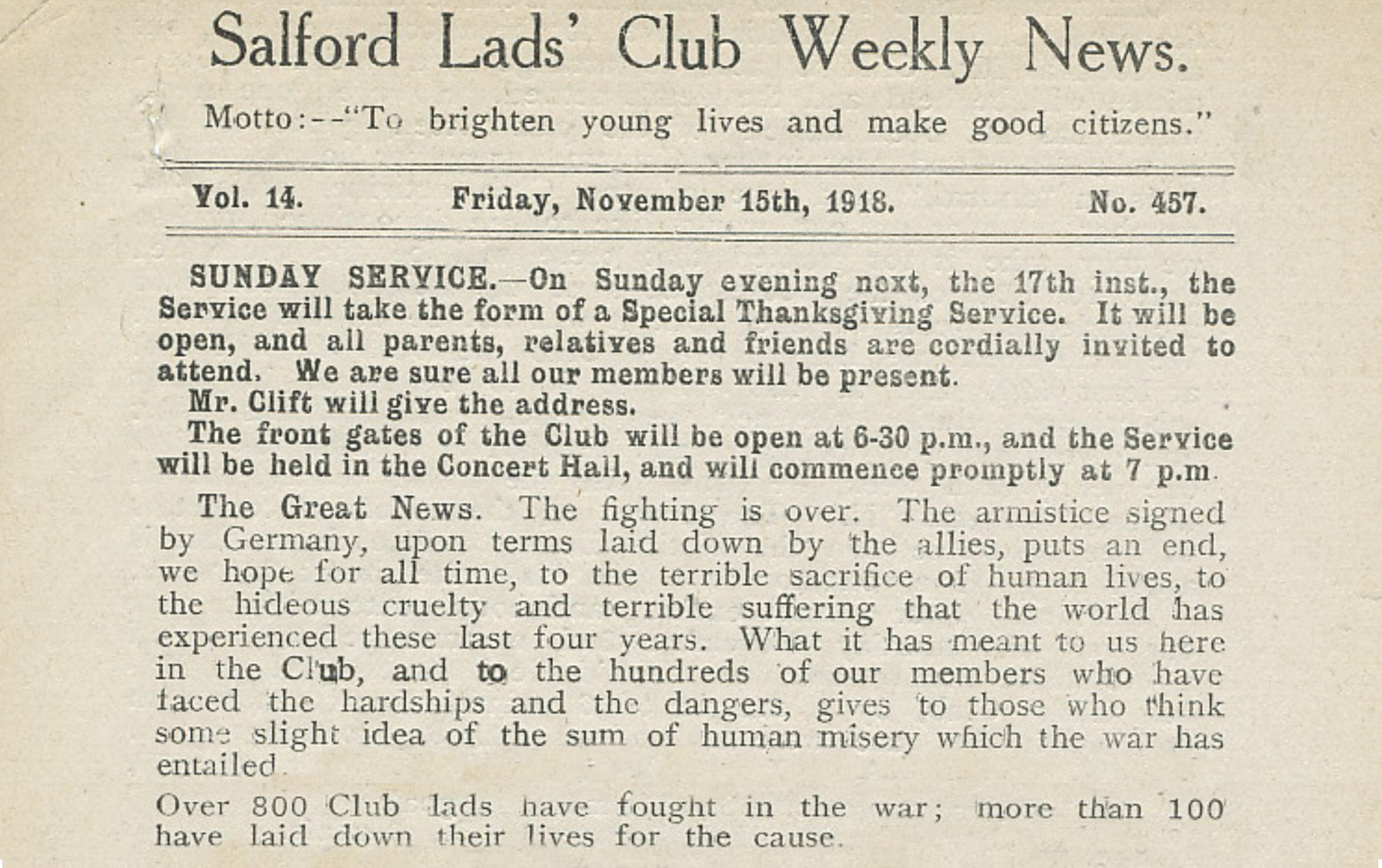 End of WW1 at Salford Lads Club